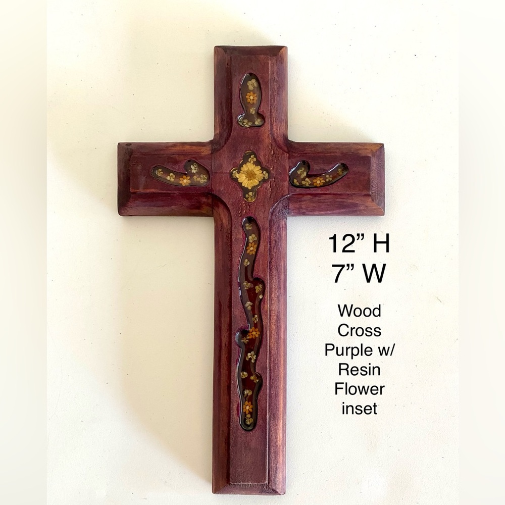 Purple Wood Cross with Resin Flower Inset